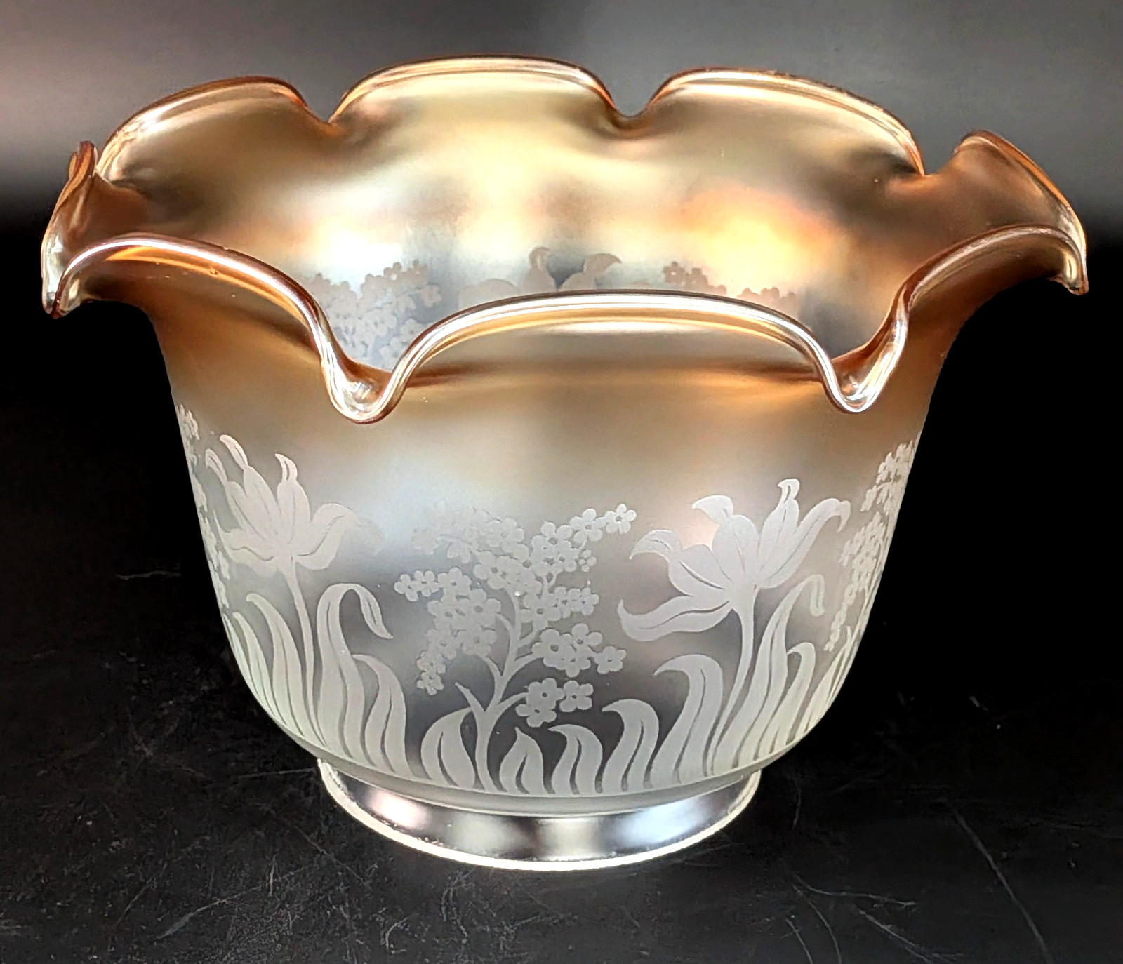 NOS! Vintage Vianne Etched Frosted Iridescent Victorian Shade, 4” Fitter, Good