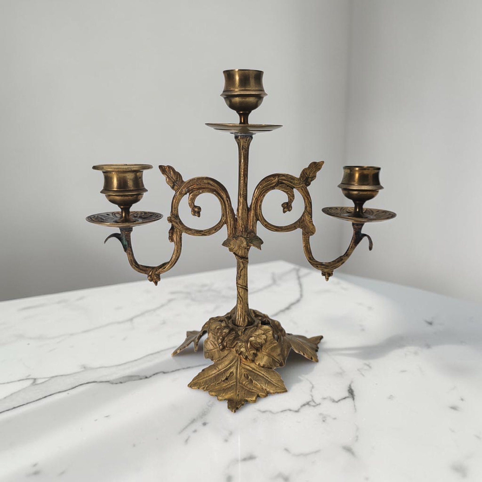 Antique Art Nouveau Gilt Metal Three Light Candelabrum Leaf Vine Motif 8.5″