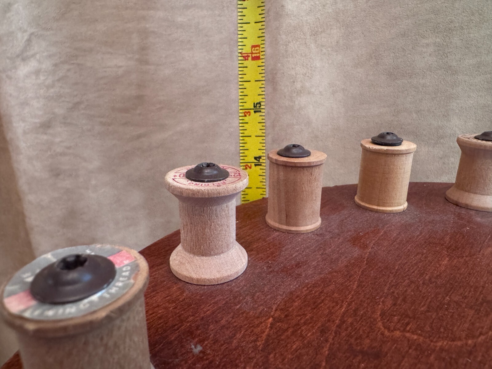 Bobbin Thread Spool Sewing Stand on storage dovetail box Vintage hand made yarn