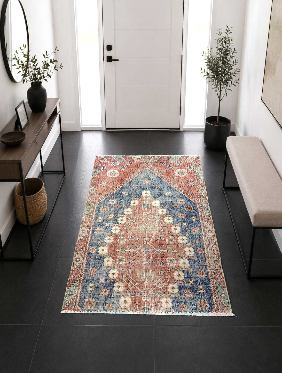 Turkish Multicolor Vintage Oriental Carpet, 3.9×5.1ft, Red Antique Geometric Rug