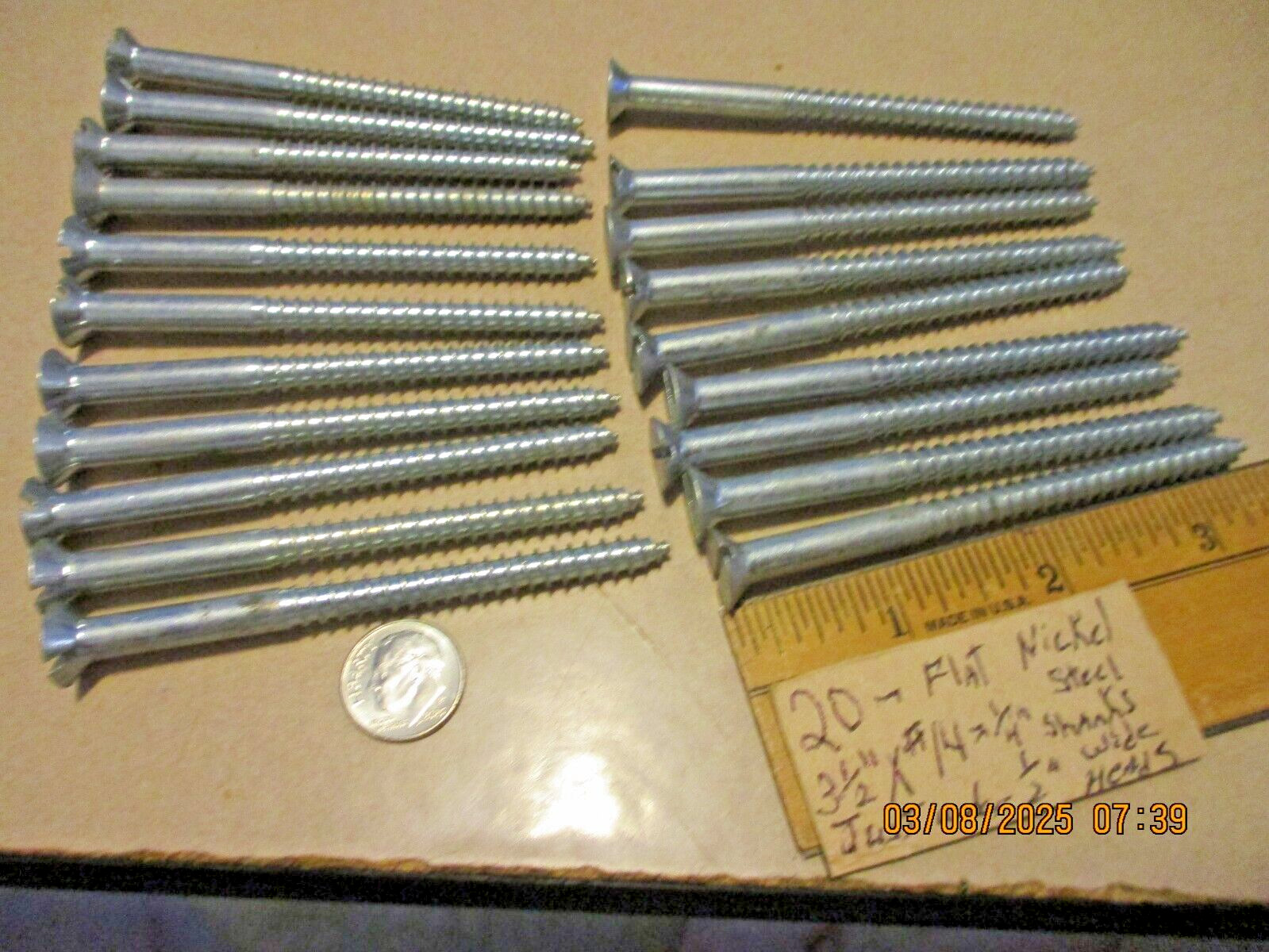 20–N.O.S, SLOTED FLAT HEAD STEEL WOOD SCREWS 3 1/2″ LONG X #14= 1/4″ SHANK