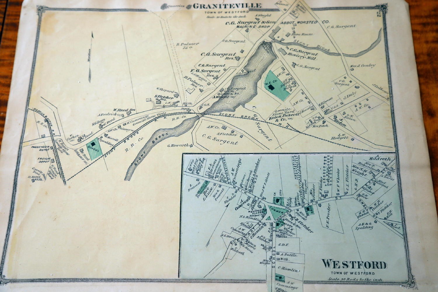 1875 BEERS MIDDLESEX COUNTY MASSACHUSETTS-ATLAS MAP-GRANITEVILLE-HANDCOLORED