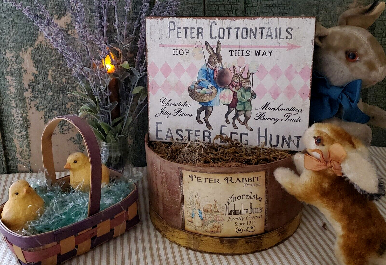 PRIMITIVE SHABBY VINTAGE FOLK STYLE EASTER RABBIT BUNNY COTTONTAIL EGG HUNT SIGN