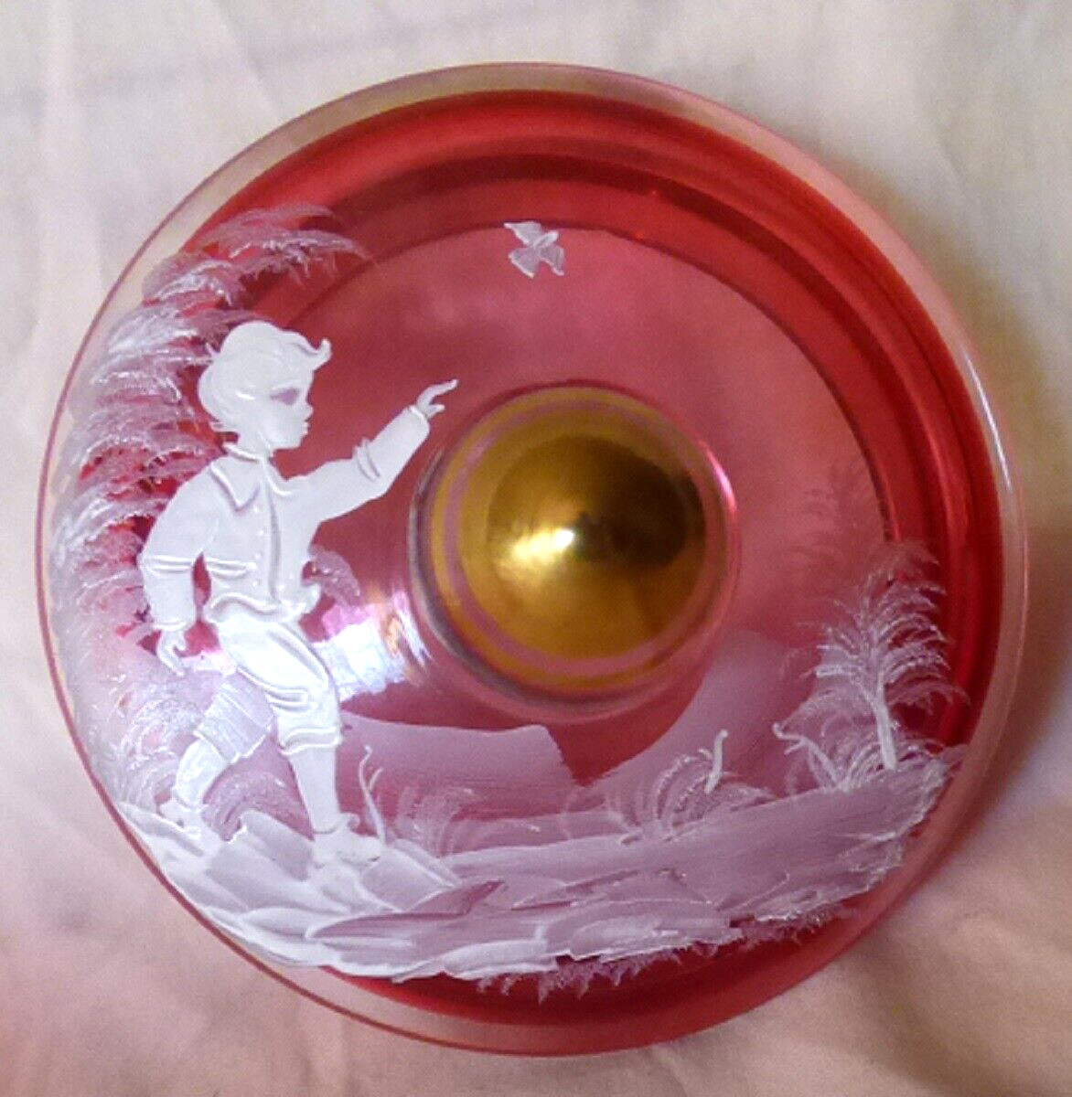 Antique MARY GREGORY Cranberry Pink Glass Powder Dish w/LID White Detailed Paint