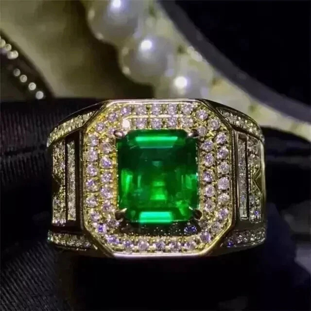 3Ct Emerald Cut Lab Created Emerald Men’s Wedding Ring In 14K Yellow Gold Plated