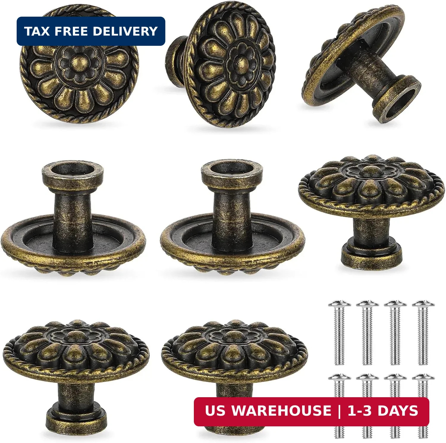 8 Vintage Antique Brass Knobs Handles Pulls – Flower Pattern for Cabinets Drawer