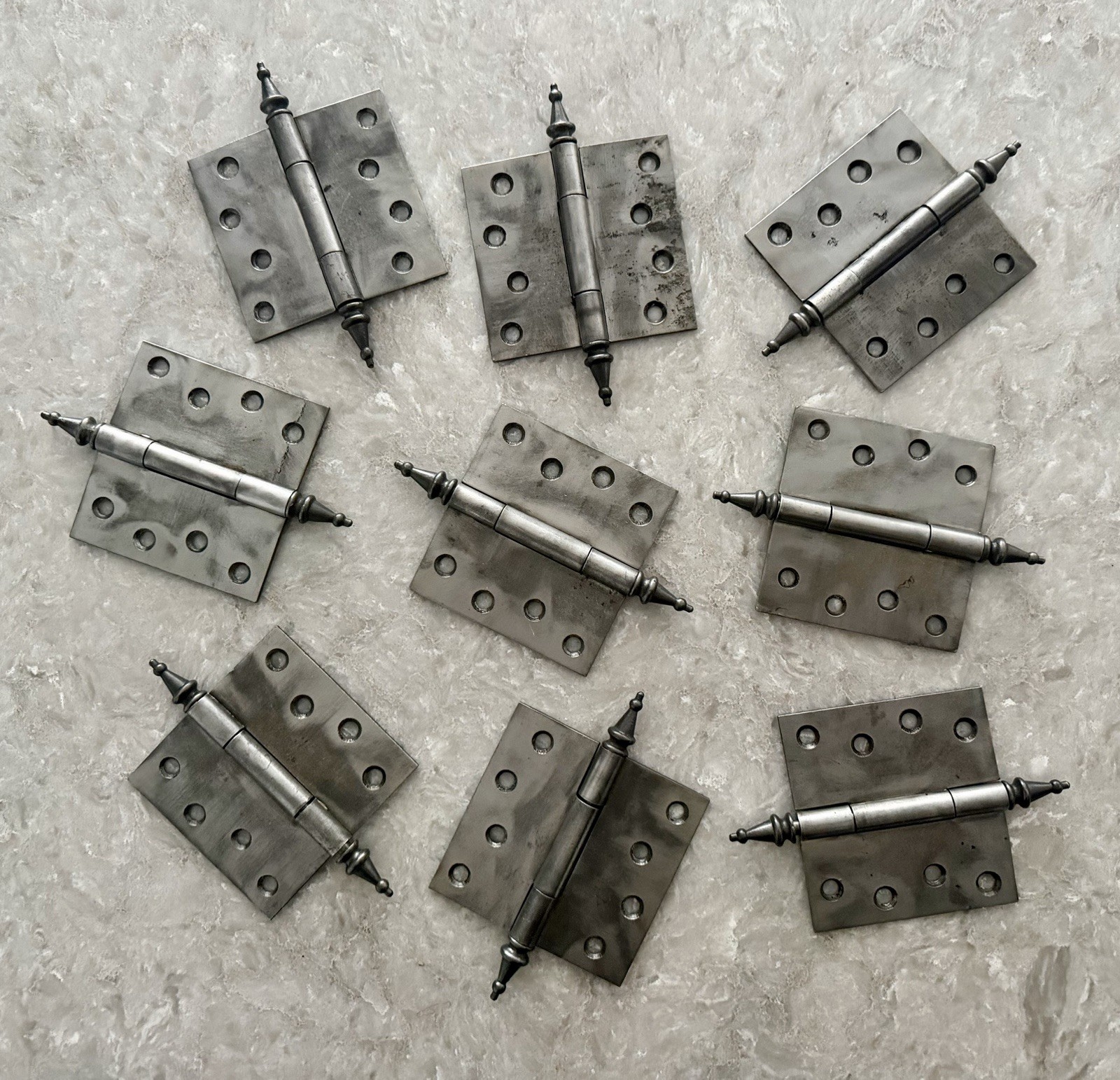 Set of 9 Antique Victorian 4” Cast Iron Steeple Tip Door Hinges