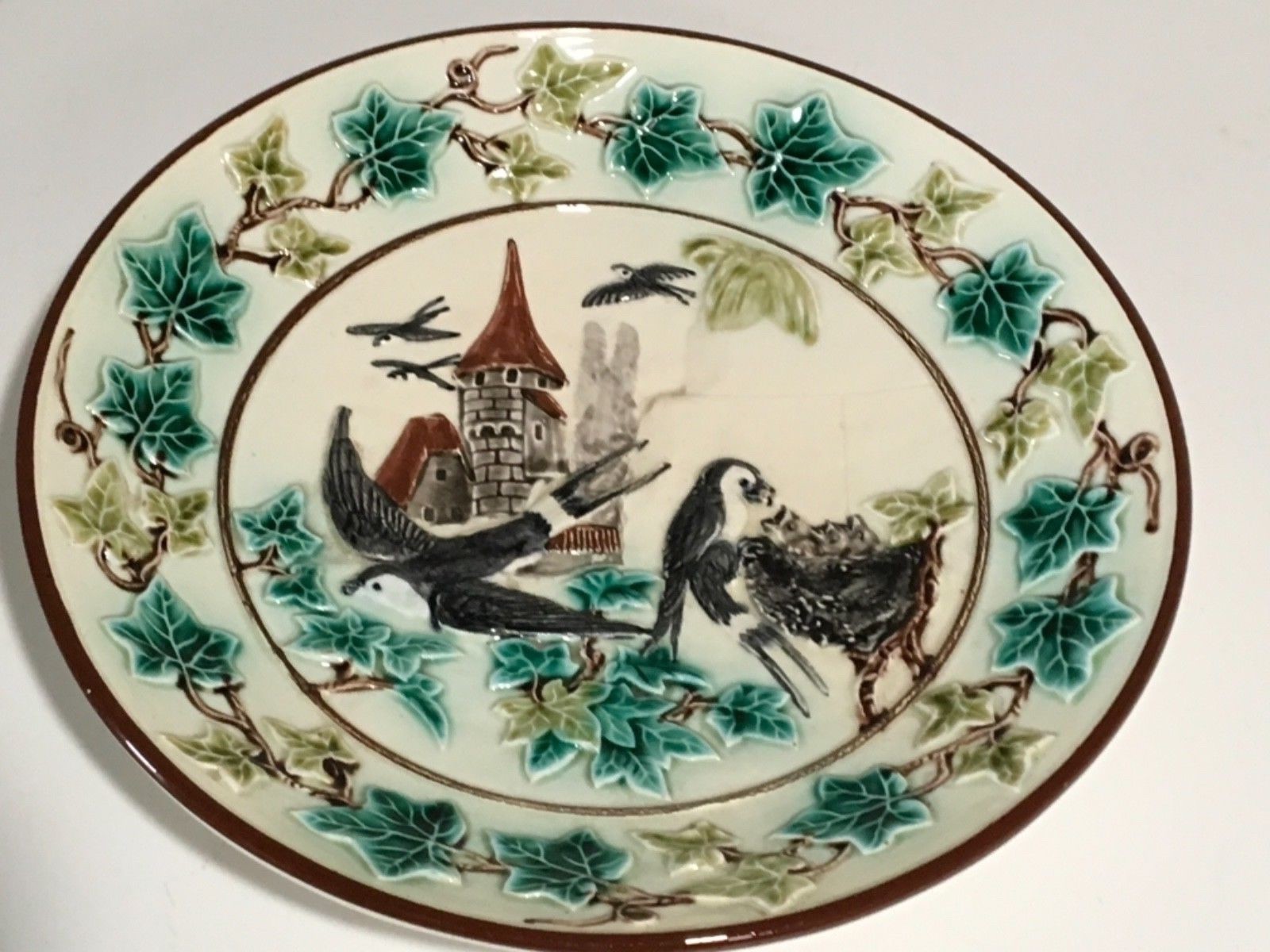English Majolica Plate Birds Nest Birds Castle Leaves Foliage