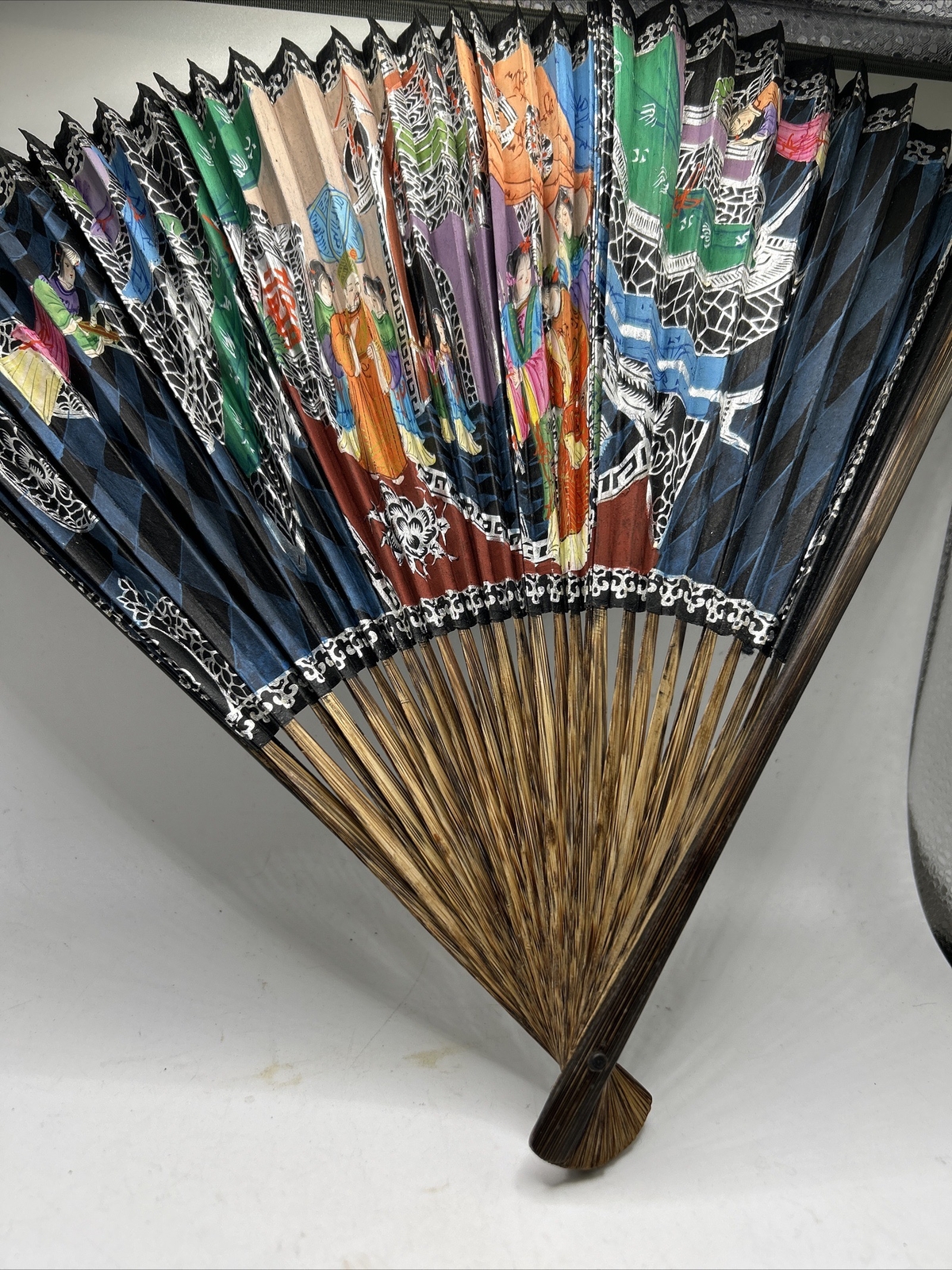 Antique Folding Fan Hand Painted 12” Bamboo Asian People Women Flowers