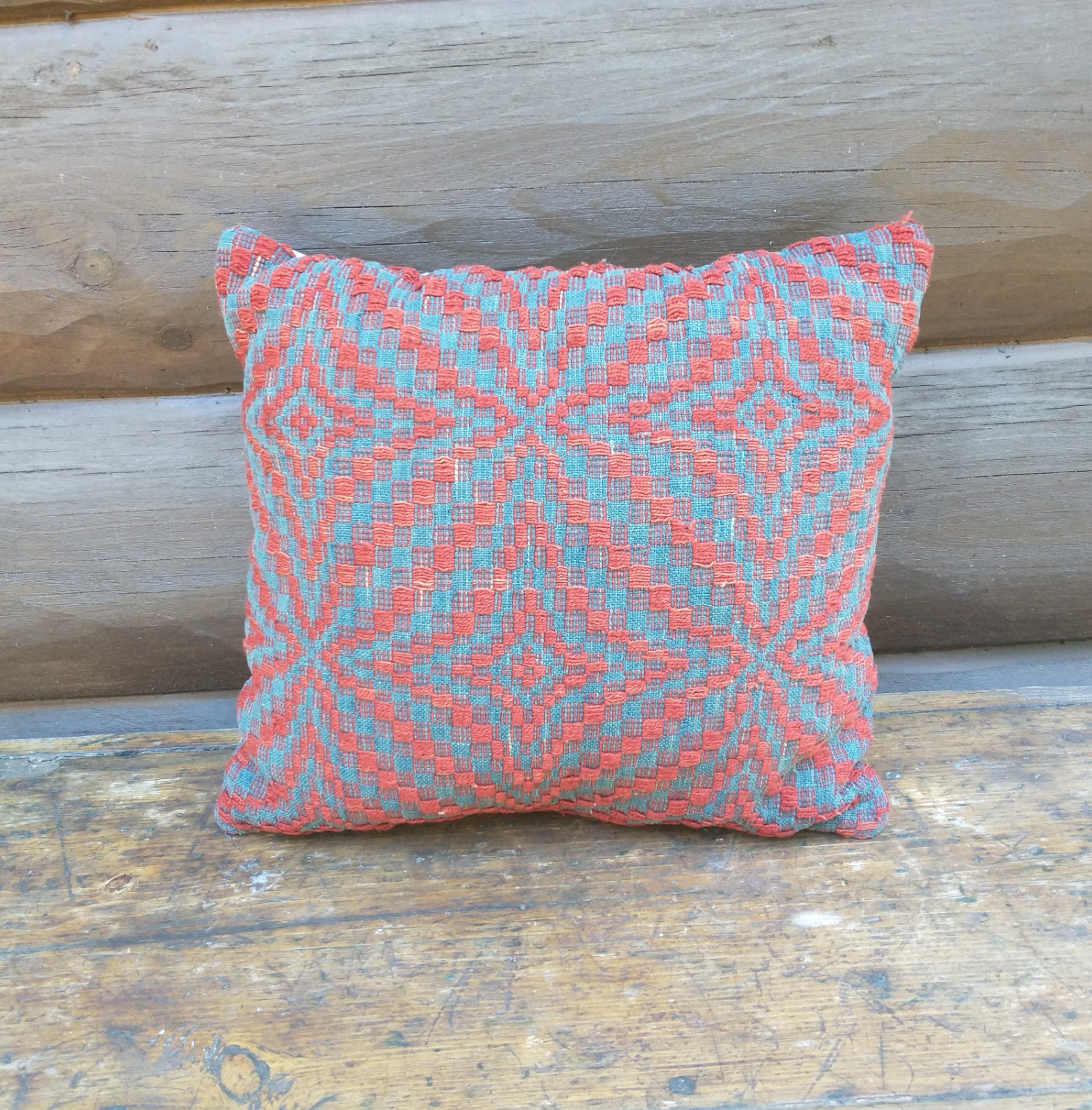 Antique Woven Coverlet Vintage Primitive Throw Pillow Red and Grey