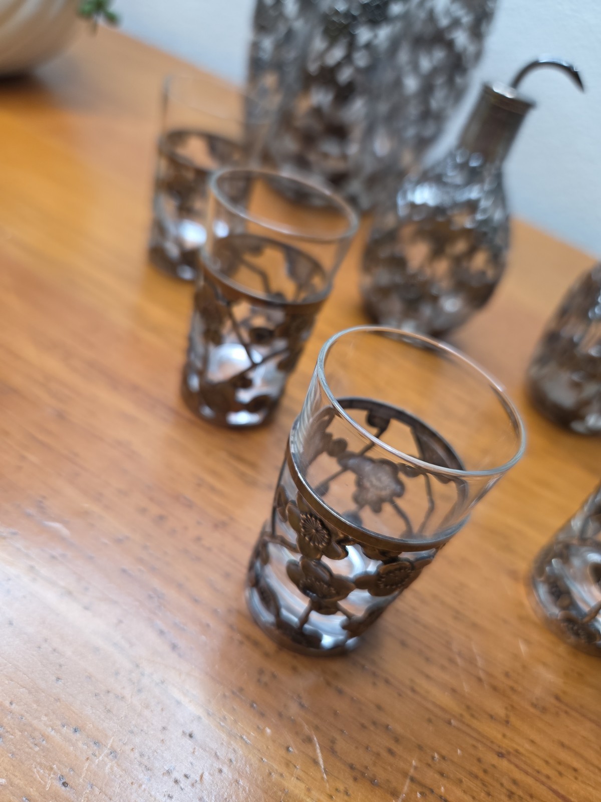 Vintage 950 Sterling Silver Overlay Glass Pinched Decanters,Bitters,Glasses Lot