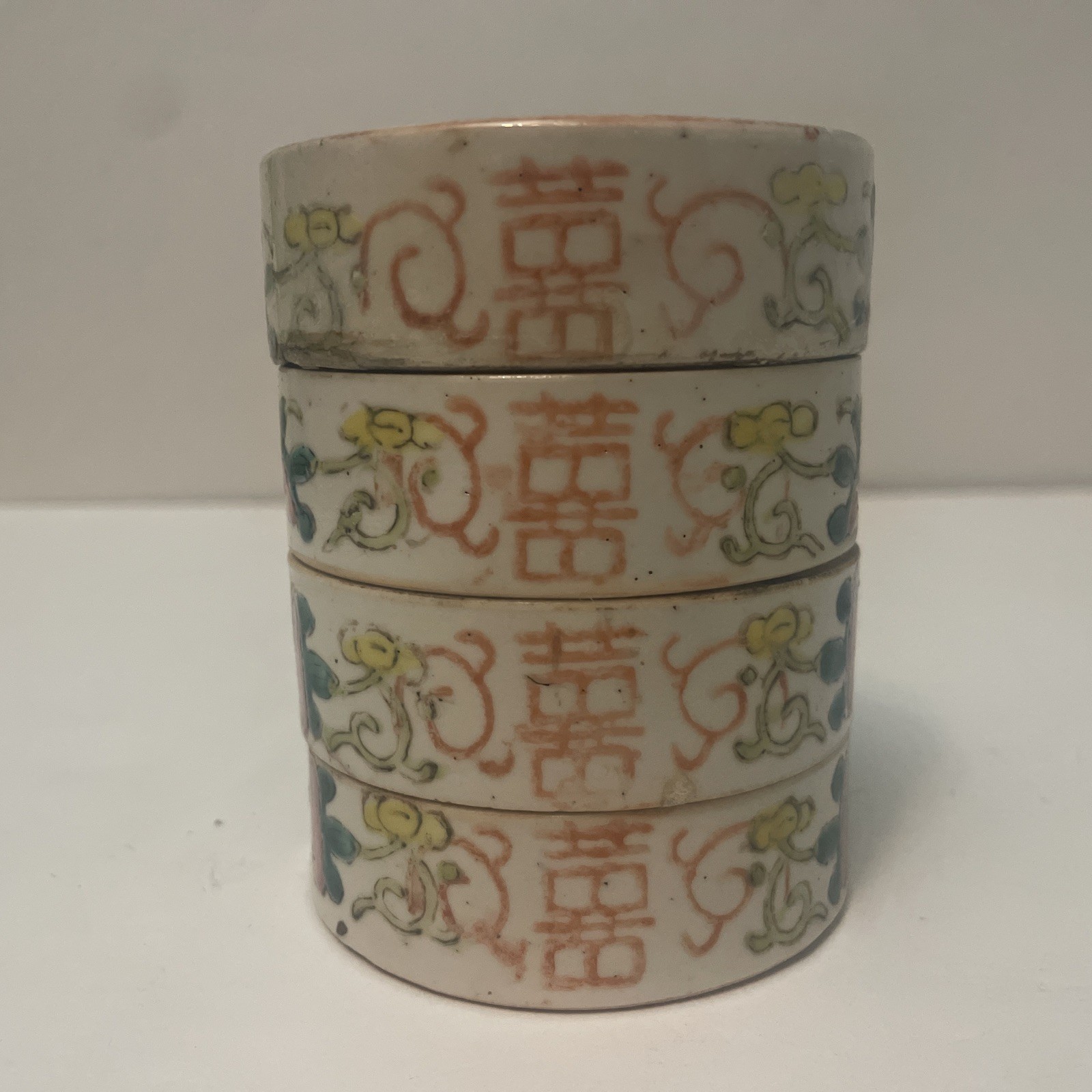Antique 19th C. Chinese Famille Rose Stacking Box 4-Tier w/ Lid Double Happiness