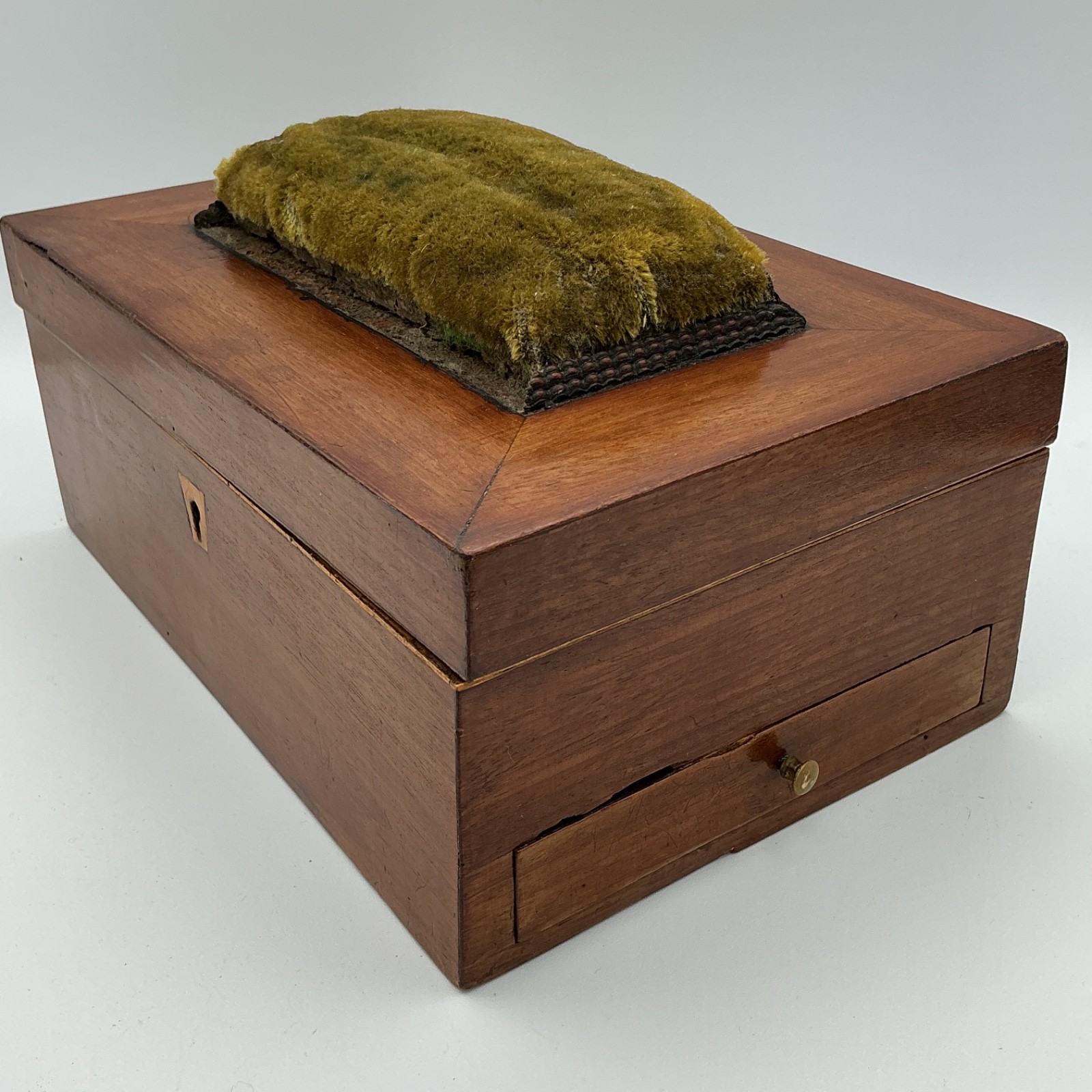 Victorian 1860 MAHOGANY Sewing Work Box w Pincushion Mirror Drawer 19thC Antique