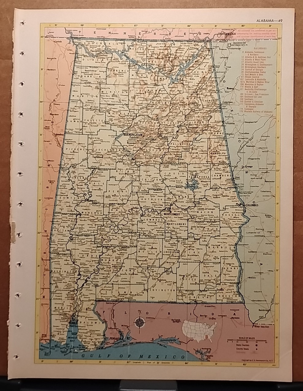 1953 Vintage ALABAMA Antique Atlas Map Hammond’s World Atlas Superior Edition