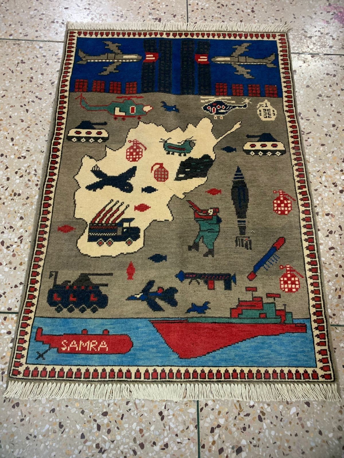 Authentic Afghan War Rug 3.3ft – Handmade Wool Art – Map & Twin Towers Motif