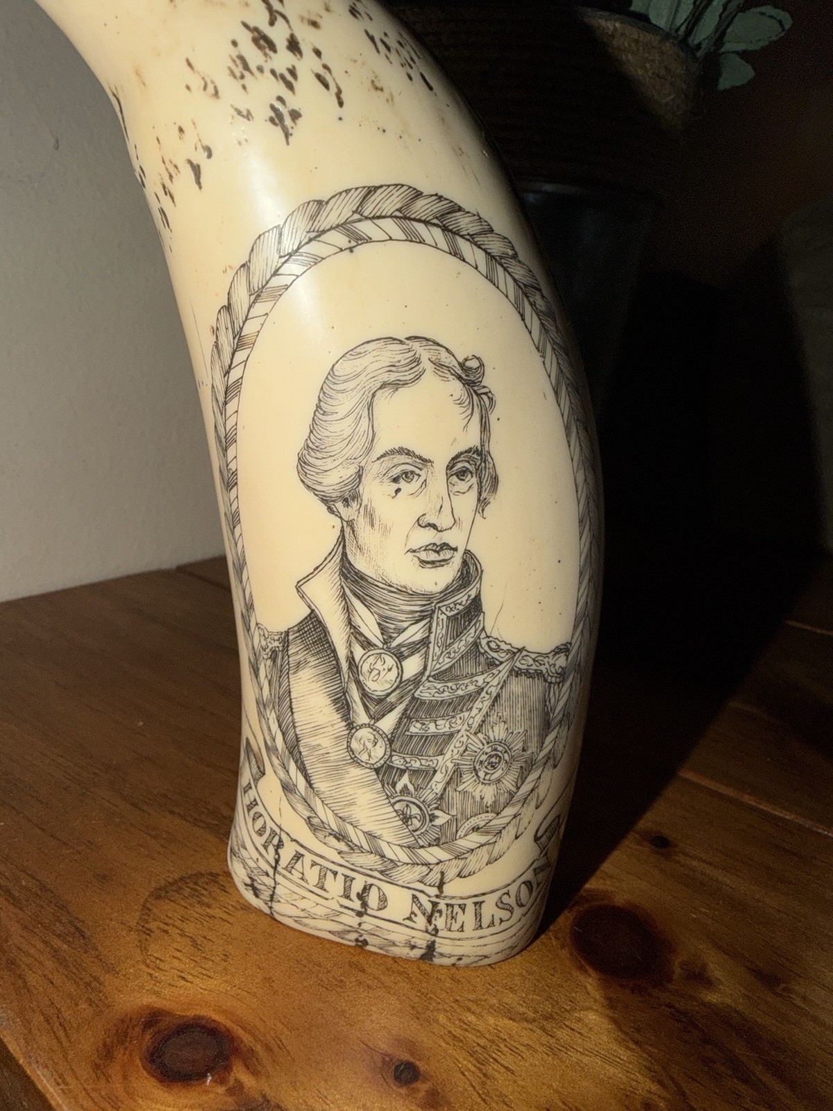 SCRIMSHAW RESIN REPRODUCTION WHALE TOOTH WITH HORATIO NELSON AND HMS VICTORY