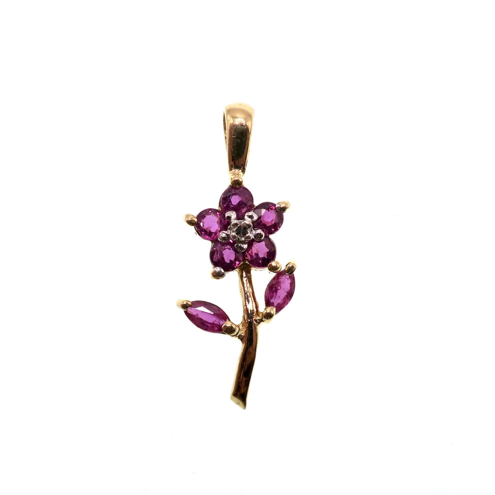 STAMPED 14K YELLOW GOLD Genuine Ruby Flower Pendant 23mm Long