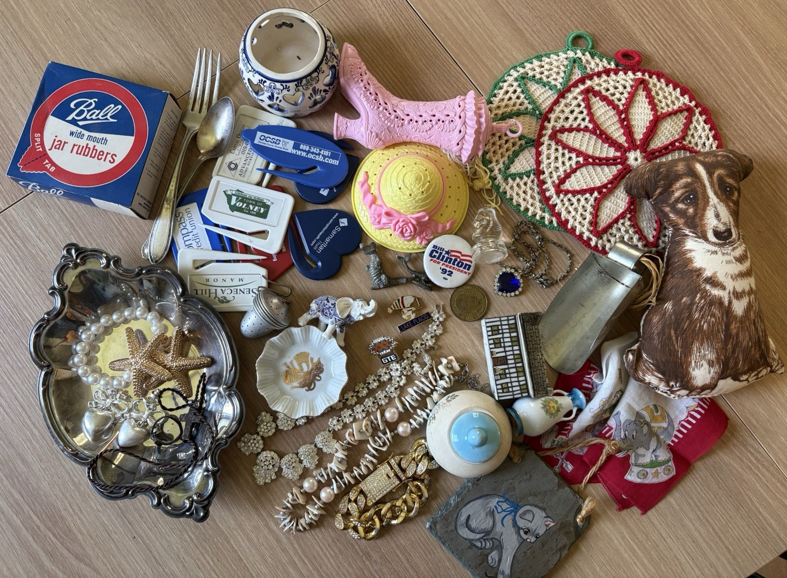 Vintage/Antique Estate Lot Of Smaller Items- Jewelry, Trinkets, Pottery, Fabric