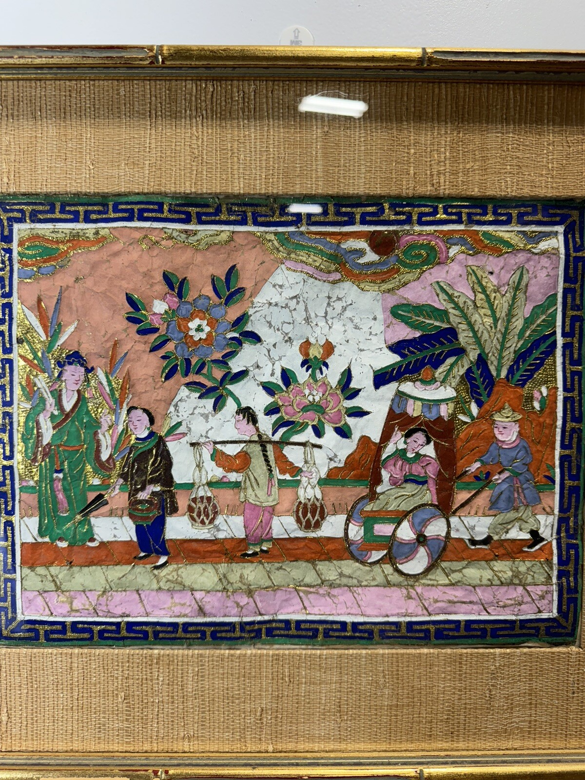 Beautiful Antique China GOLD LEAF Foil Village Painting With Bamboo Frame