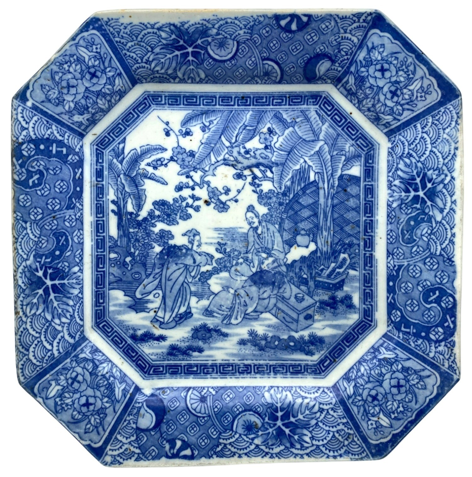 Japanese Imari Plate Blue White Stamped Transfer Square Octagon Landscape 10.75″