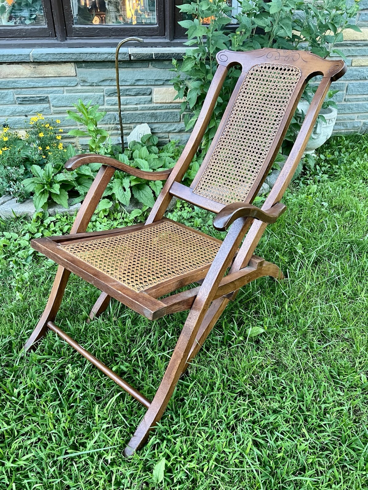 Antique Victorian Steamer Deck Chair, Folding, Caned, 19C English Campaign