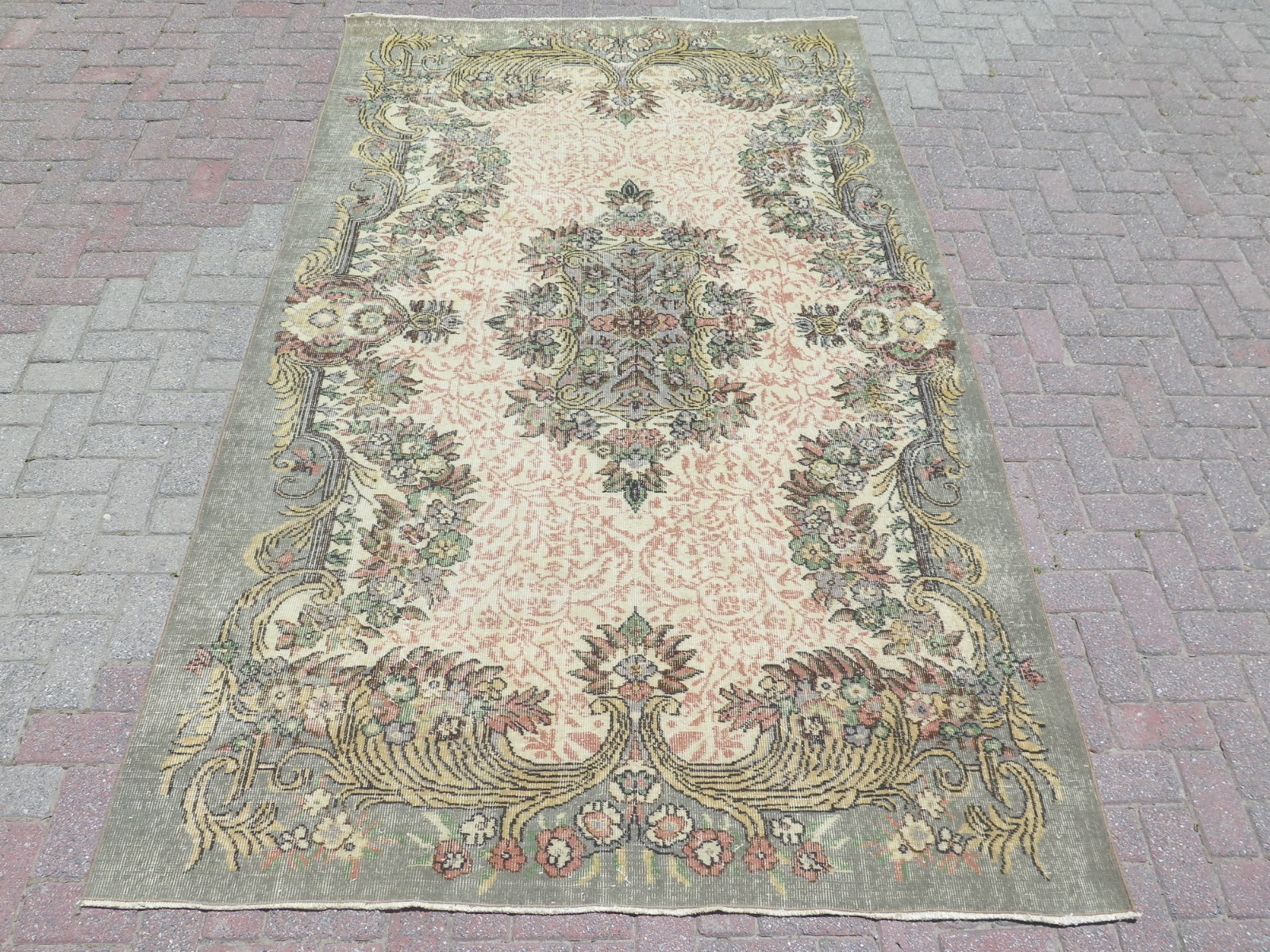 Sage Green Vintage Distressed Turkish Large Carpet, Handmade Wool Rug 70″x114″