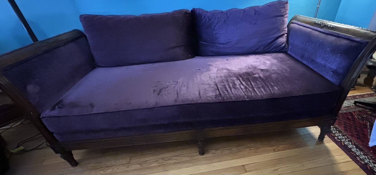 Antique French Hand carved oak daybed, purple velvet