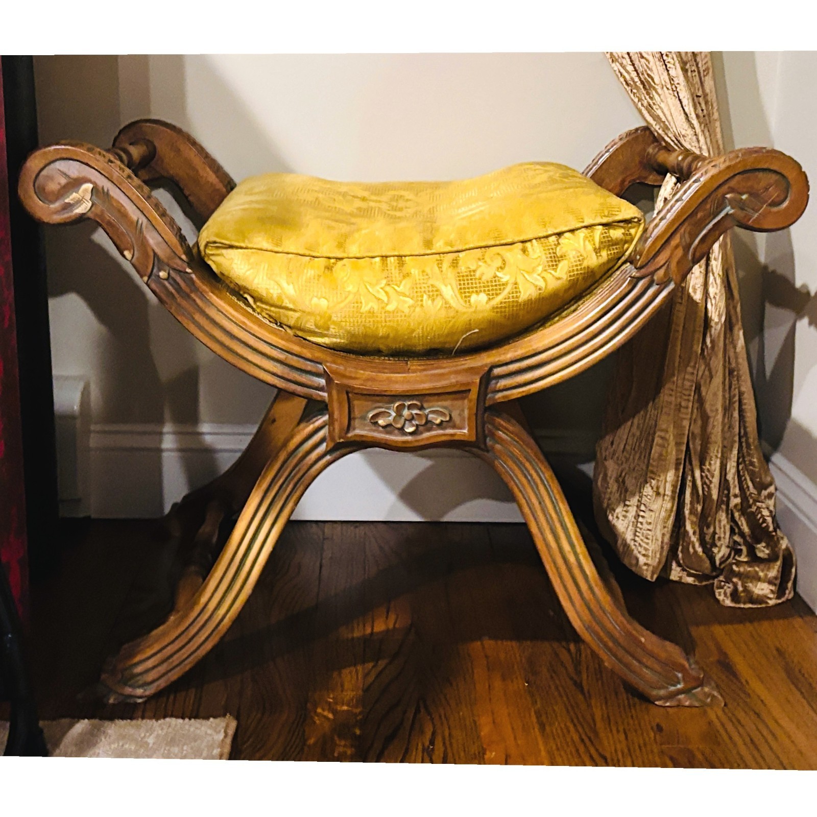 Traditional Carved Curule Bench With Gold Damask Cushion