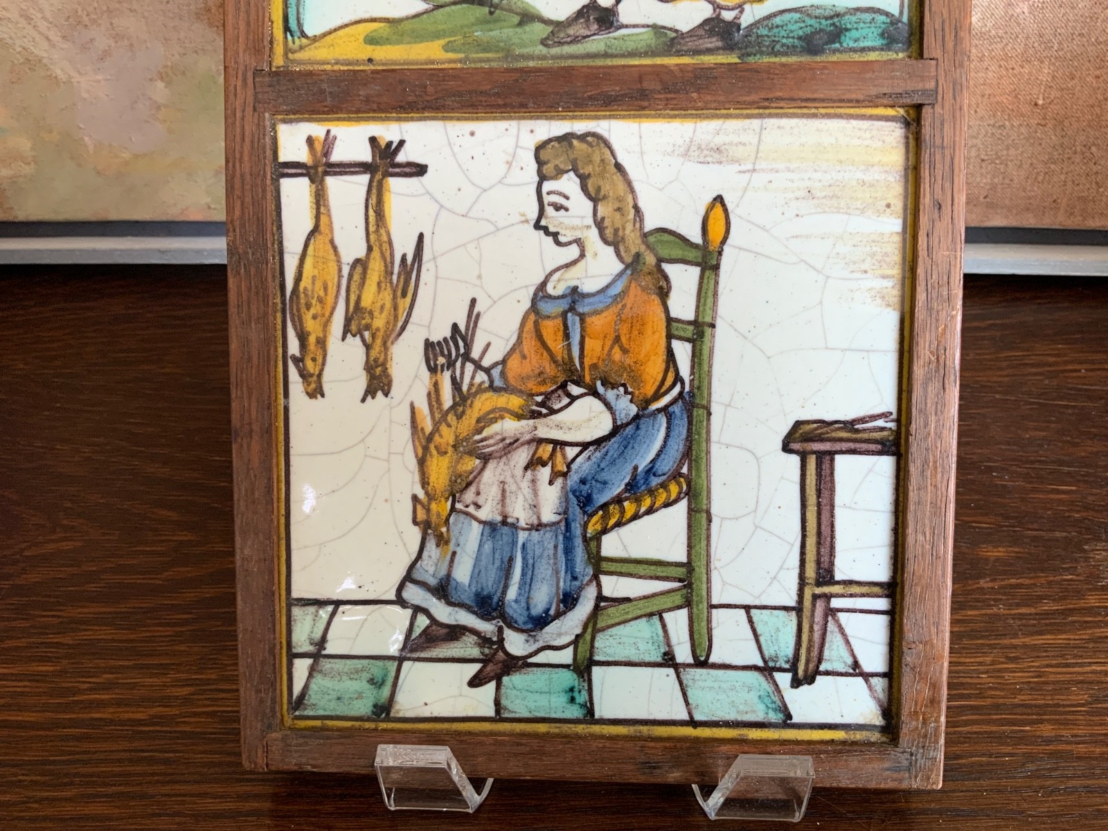 French Antique Hand Painted Faience Tiles Set/3 Framed Circa 1920