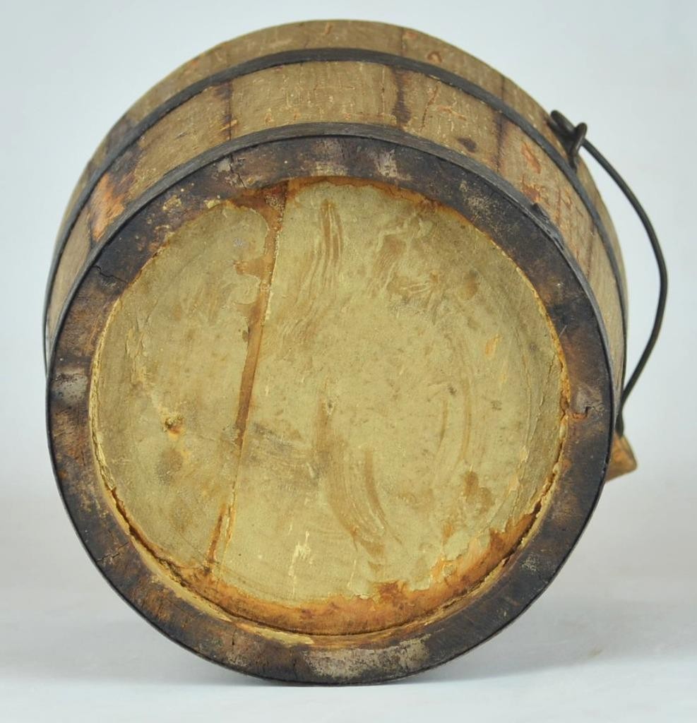 ANTIQUE PRIMITIVE WOODEN BUCKET SWING TURNED HANDLE-ADVERTISING J.W. WIND 5 1/2″
