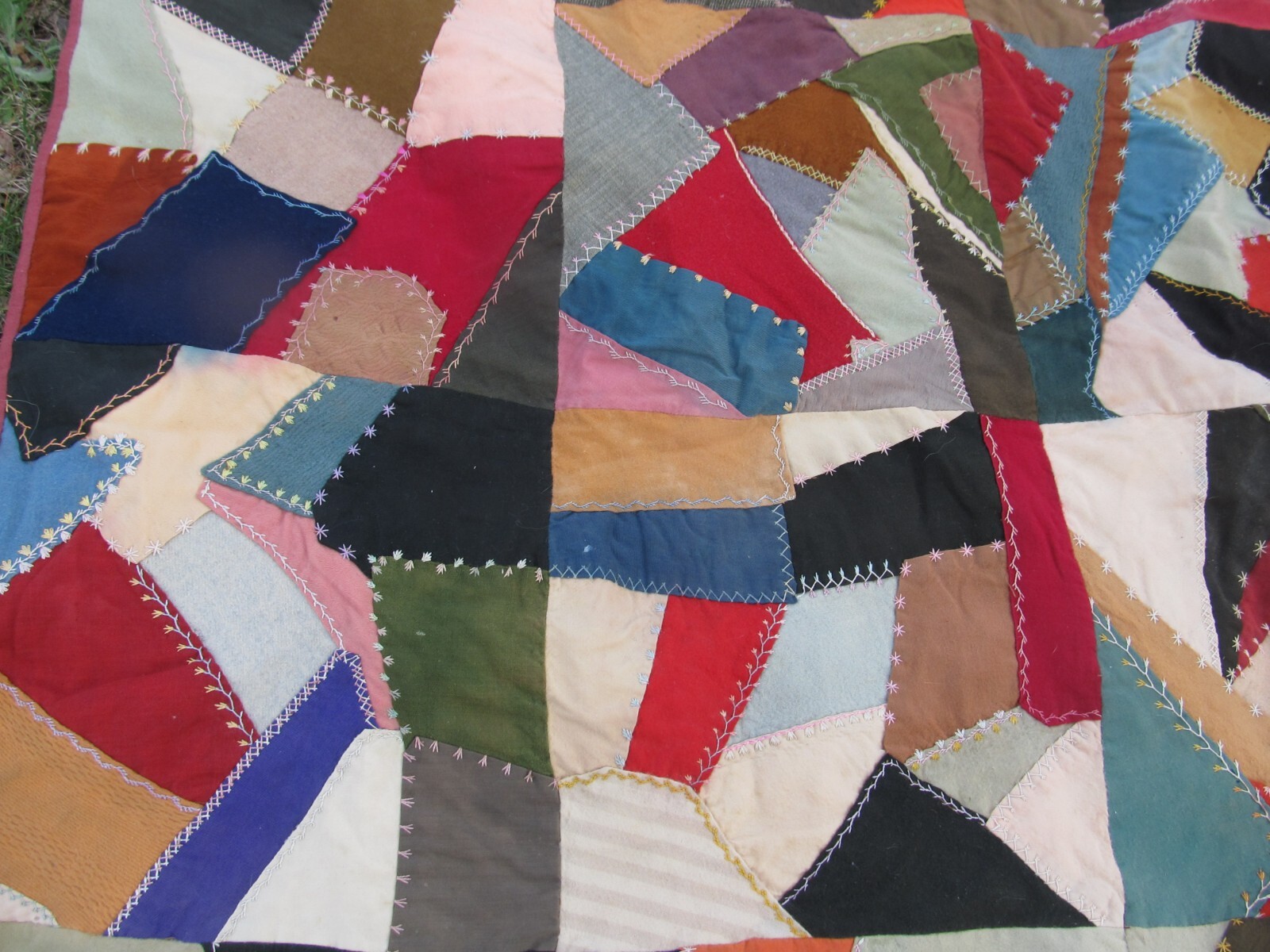 COLORFUL Antique Handmade Patchwork & HIGHLY EMBROIDERED “CRAZY” Quilt, 1890