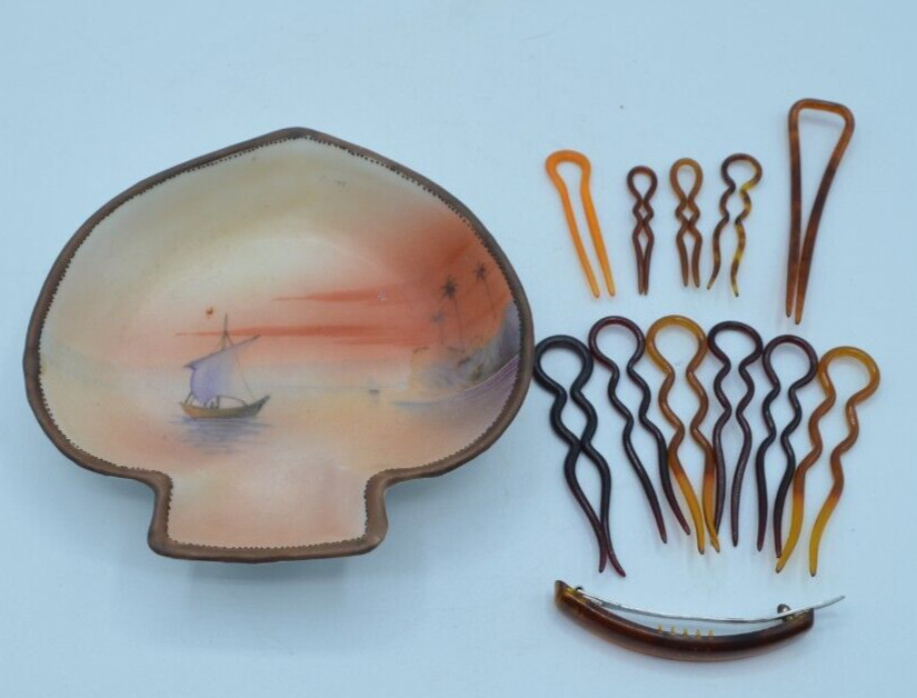 Antique Hair Pins and Hand Painted Trinket Dish Noritake Nippon Morimura Bros.