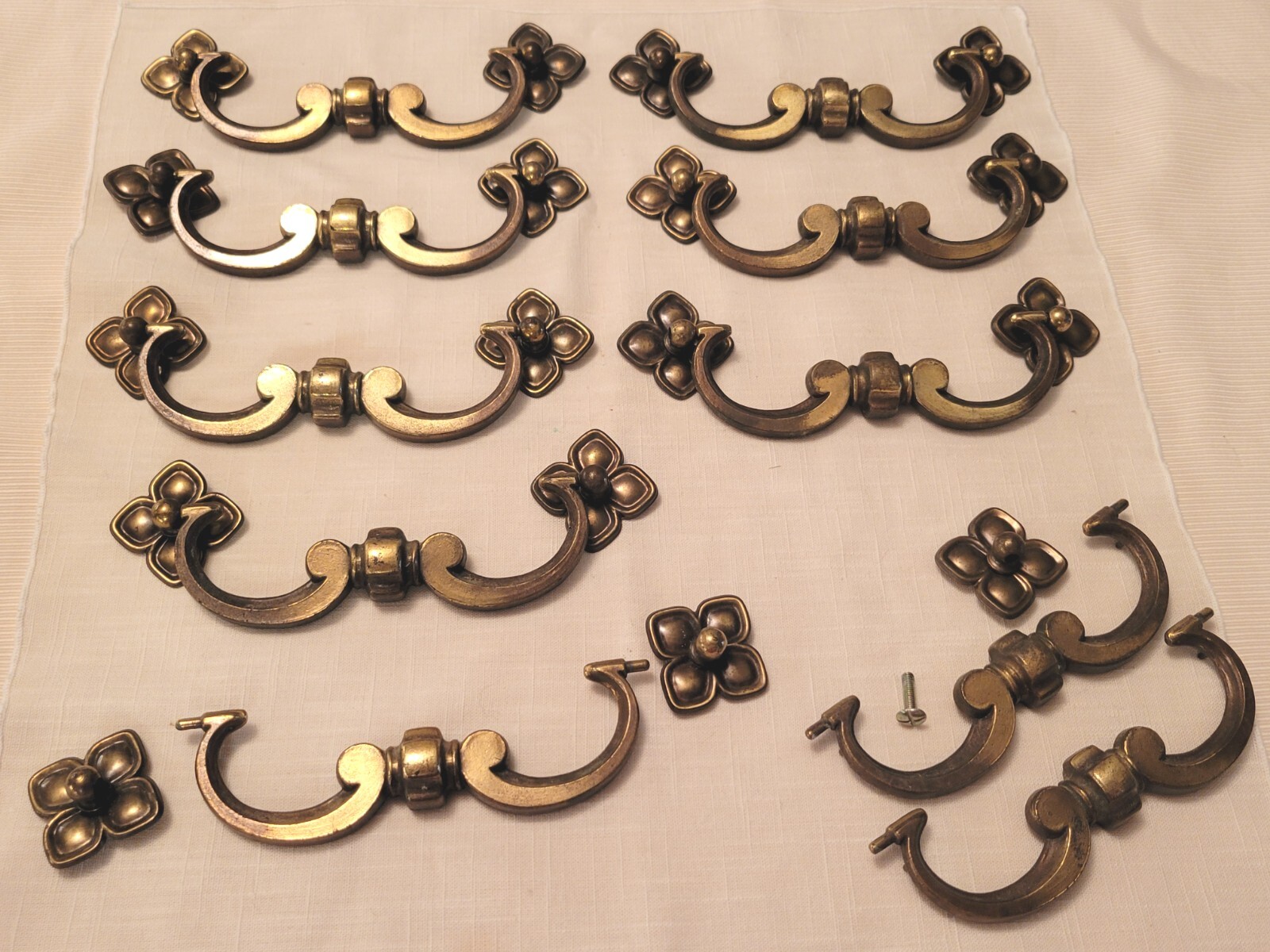 Vintage Cast Brass Drawer Pulls 8 Complete Bails Pedals Backplate With Extra…