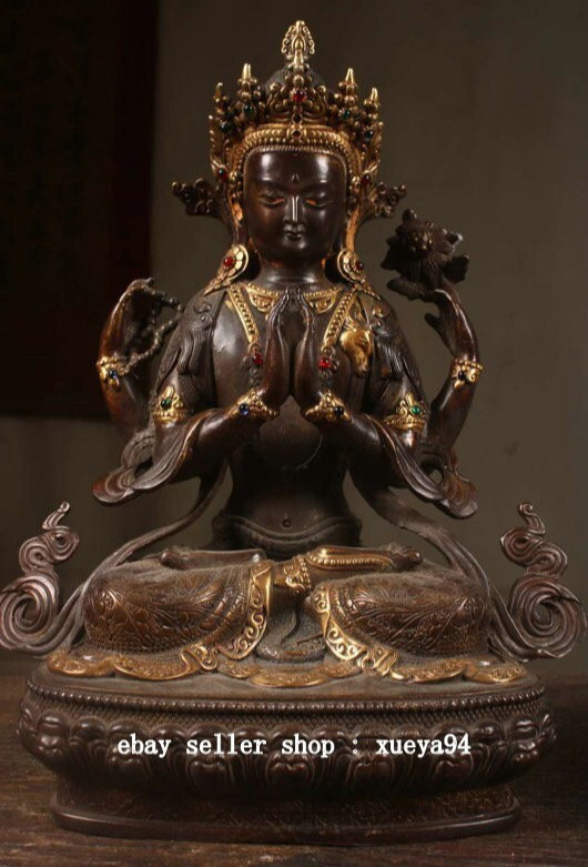 11.8″ Old Tibet Copper Gilt Gems 4 arms Chenrezig Buddha Avalokiteshvara Statue