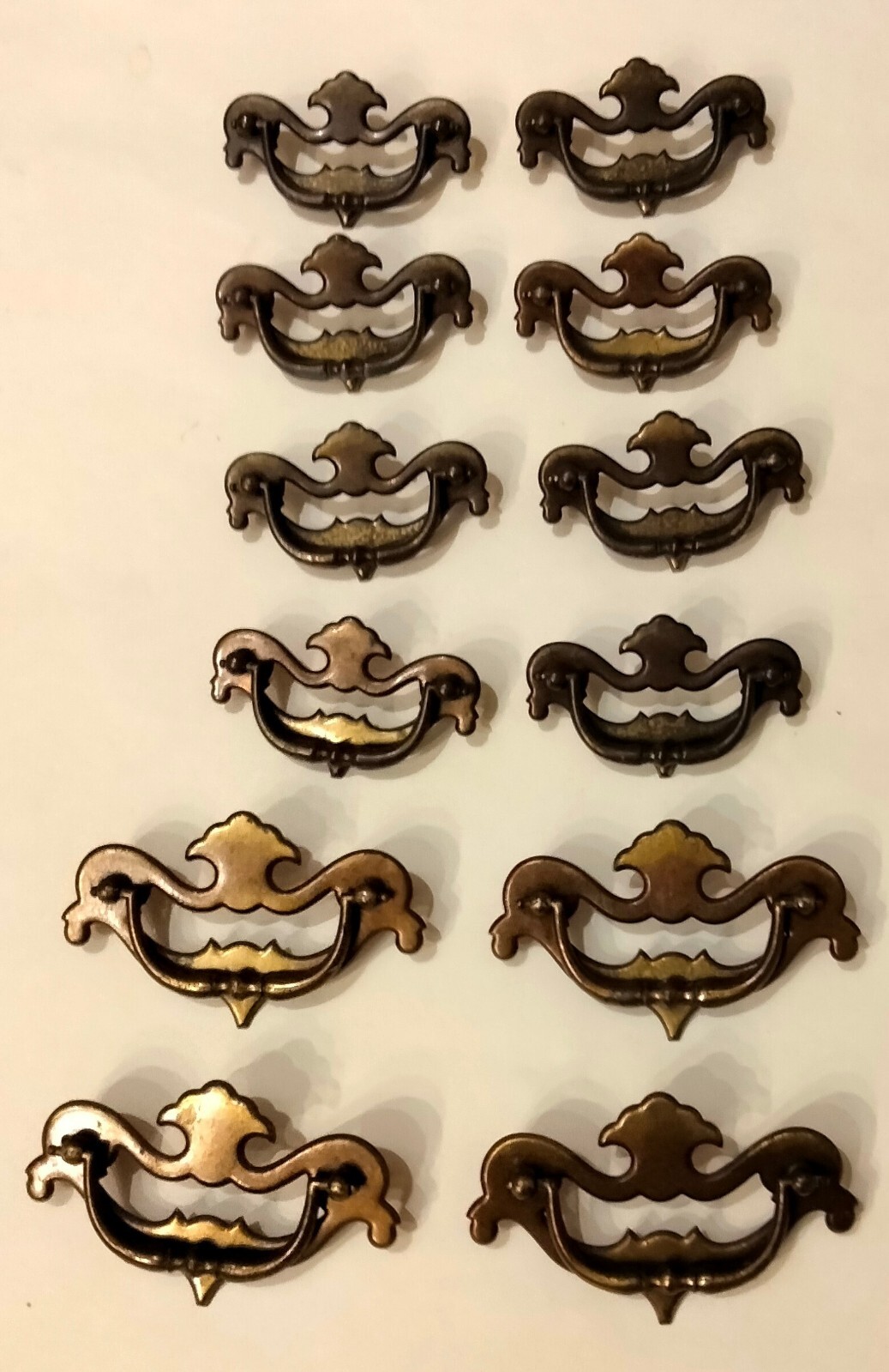 12 VTG Stamped Steel & Brass Chippendale Style Batwing Drawer Pulls 2 Sizes