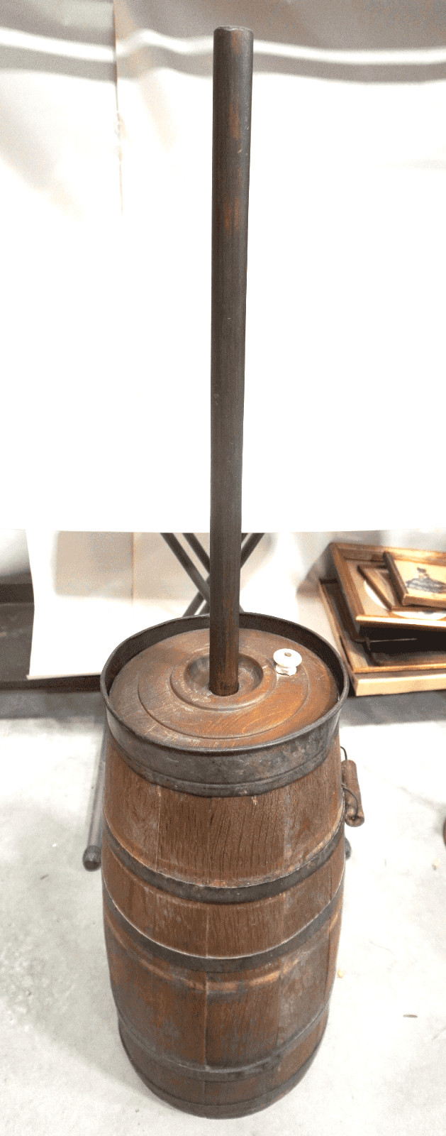 1800’s Era All Original Ohio Antique Oak Wooden Metal Banded Butter Churn & Dash