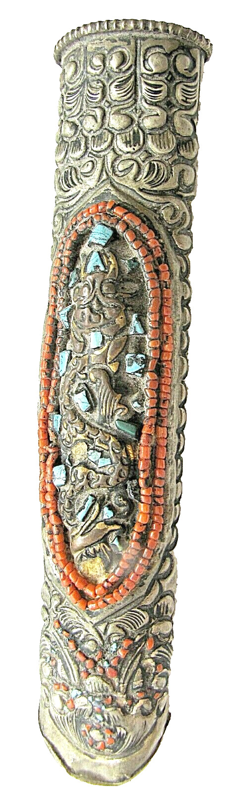 Tibet Antique low grade silver dagger with dragon, marked engraved steel blade.