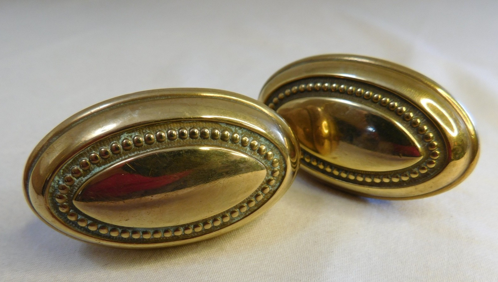 2 Antique Solid Brass Victorian Oval GOLD CLAD Door Knobs 1900’s Art Noveau