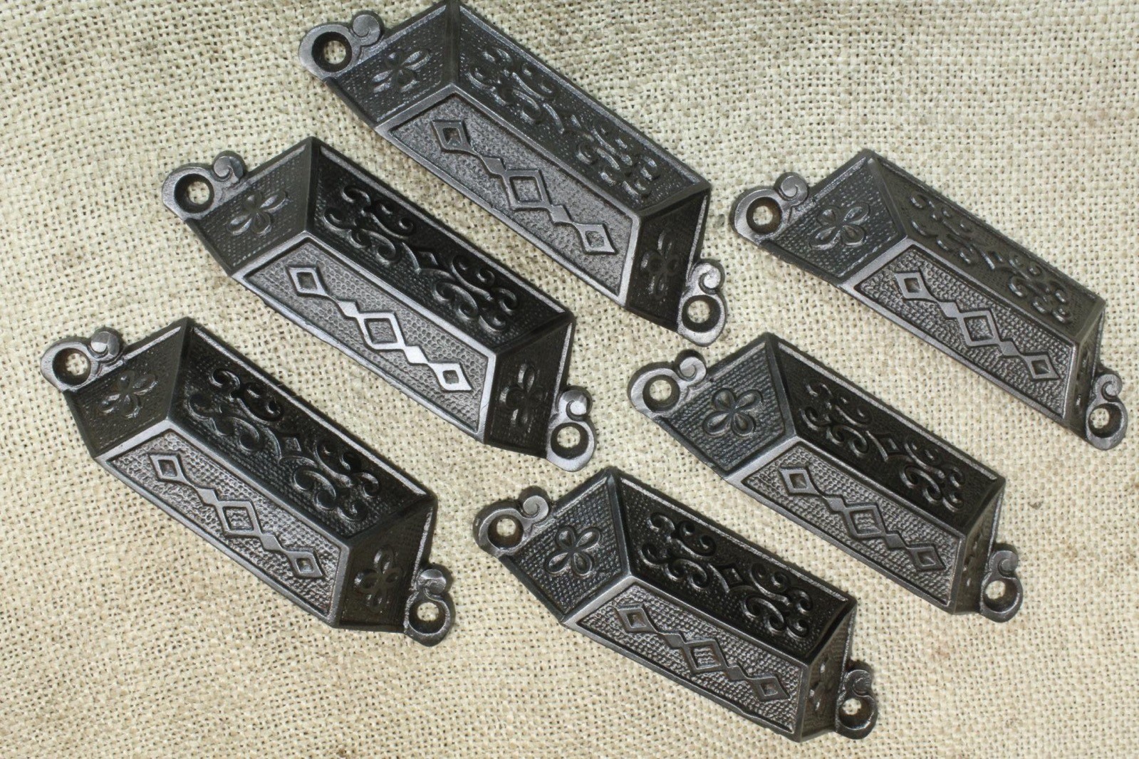 6 Old Bin Drawer Pulls Cup 4 1/2″ Handles Diamond Scroll Vines 1871 Patent Iron
