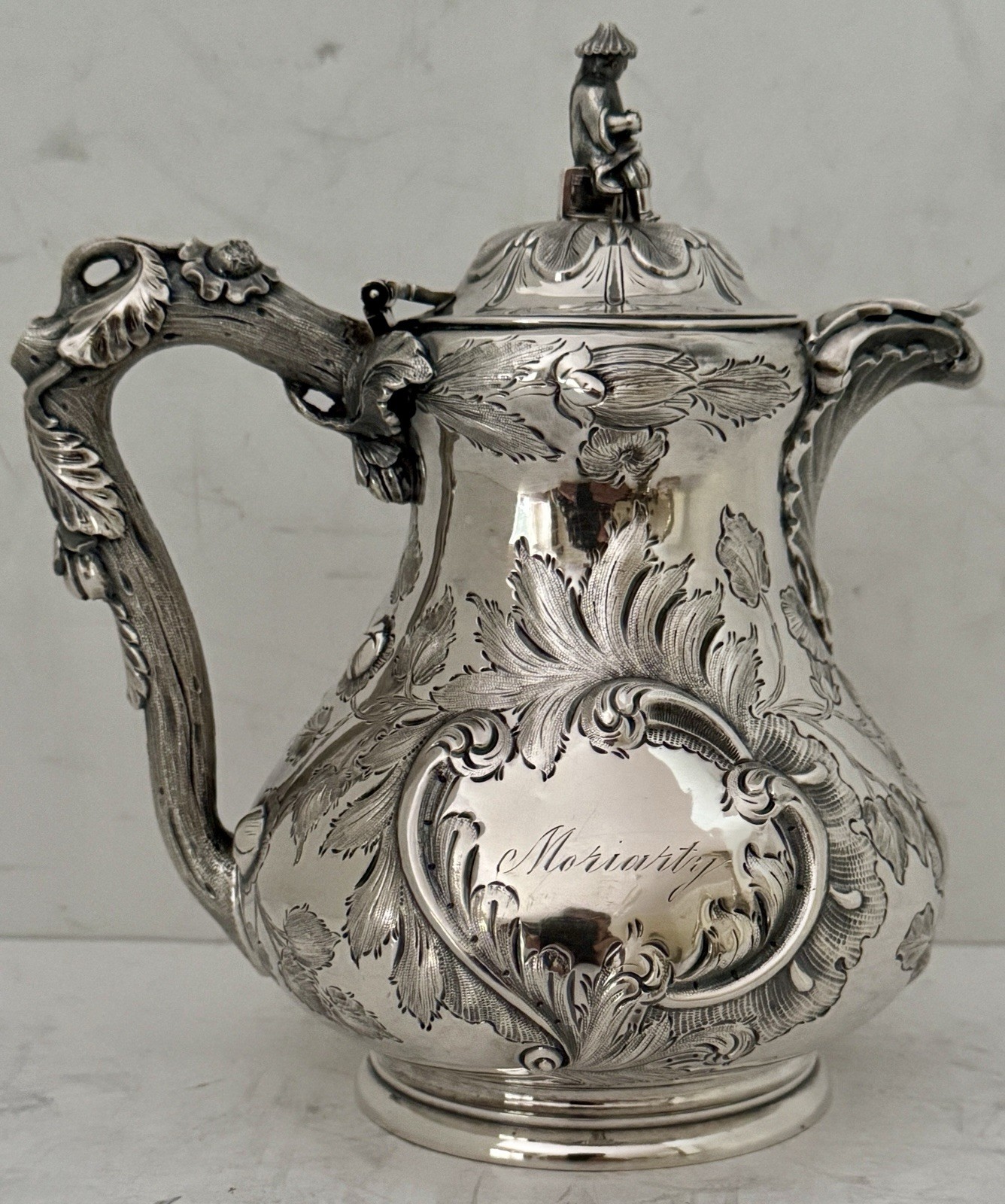 BOSTON COIN SILVER VINCENT LAFORME BROS CHINOISERIE REPOUSSE HOT MILK JUG 1850