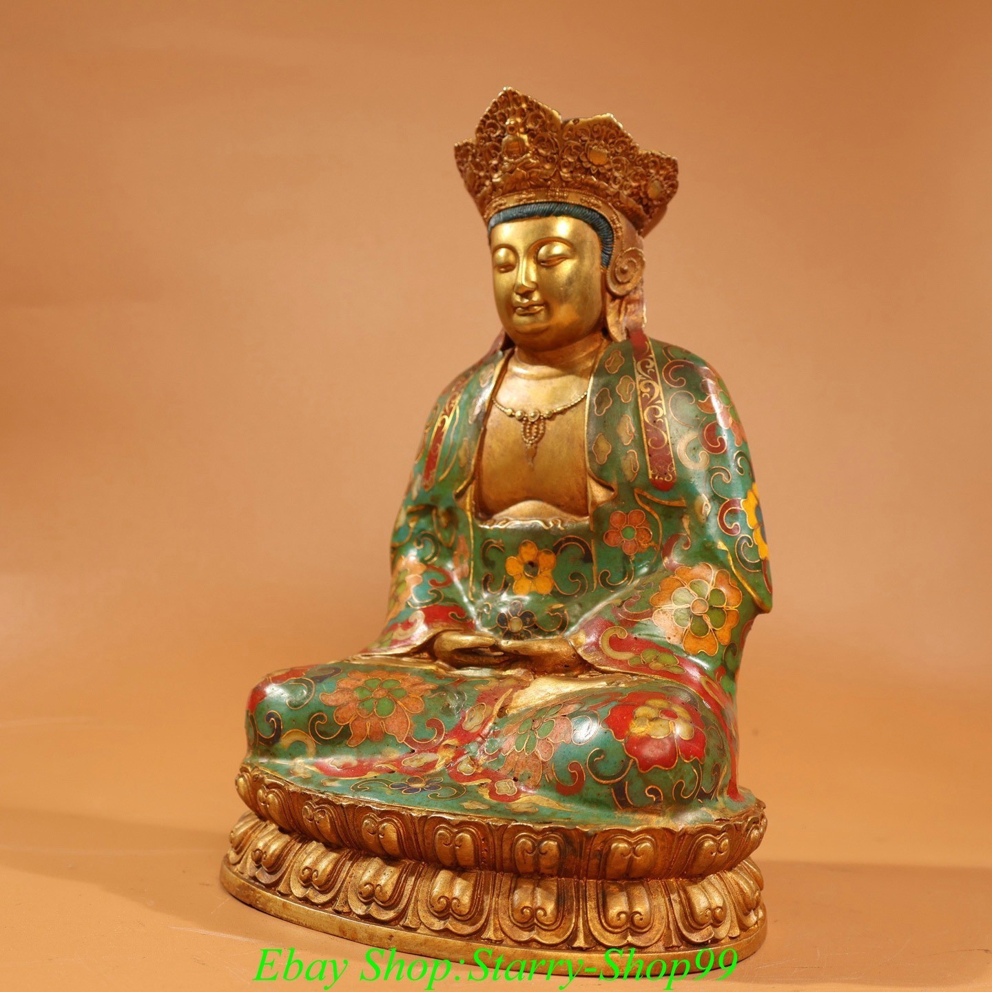 8.6″ Old China Buddhism Cloisonne Enamel Seat Kwan-Yin Guan Yin Goddess Statue