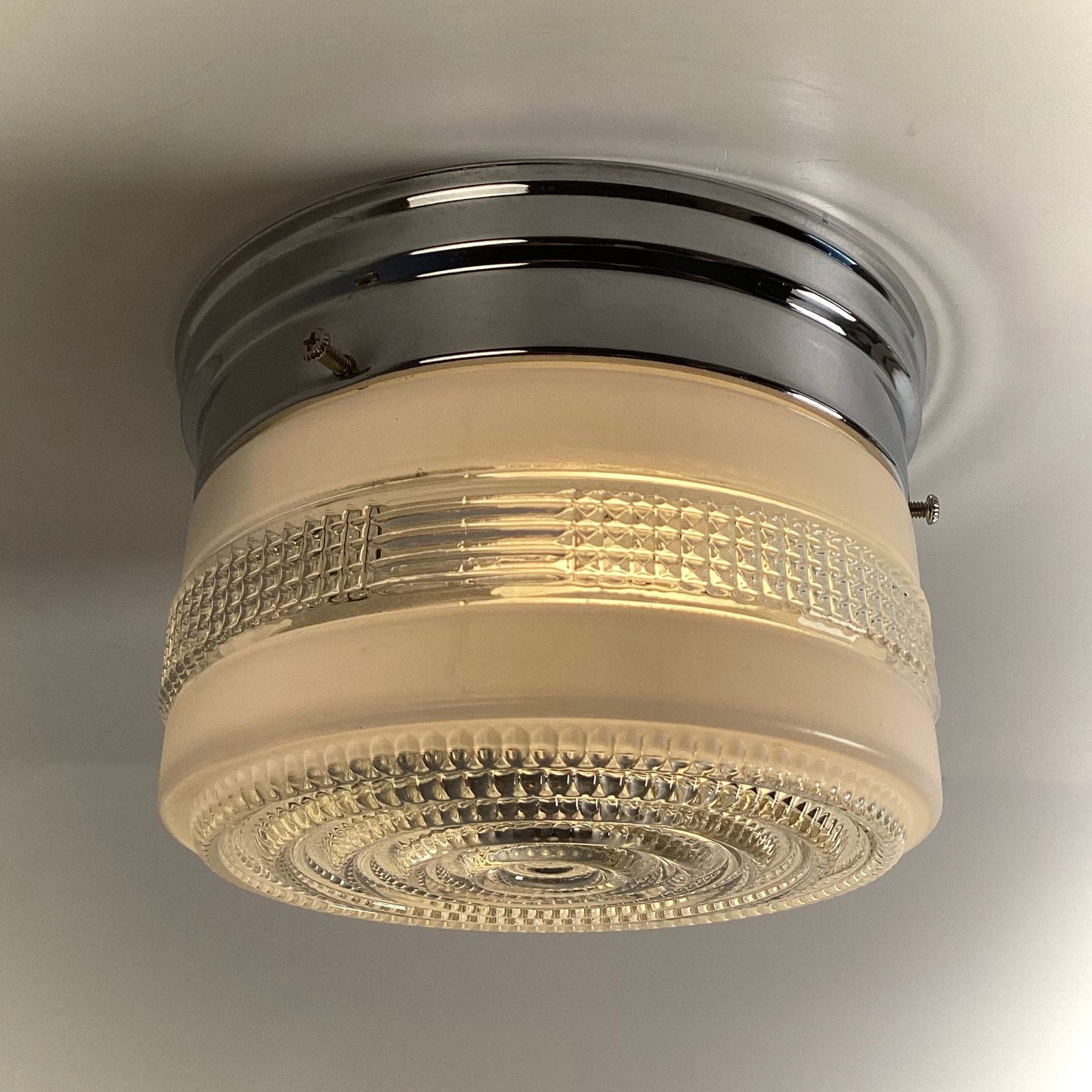 1940s Utility Deco Flush Mount Ceiling Light – Prism Glass, Chrome, UL