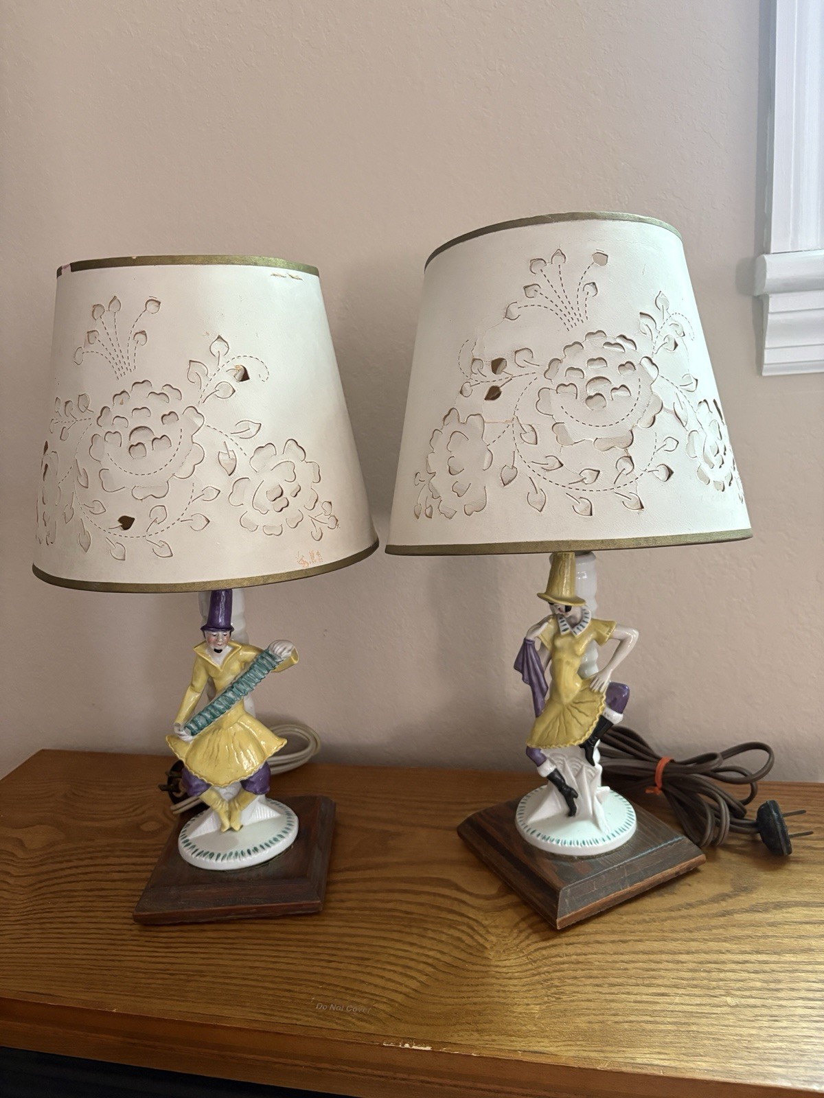 Vintage Accordion Man & Dancing Woman Lamps of 2 Paper Shades 2 Prong Plugs