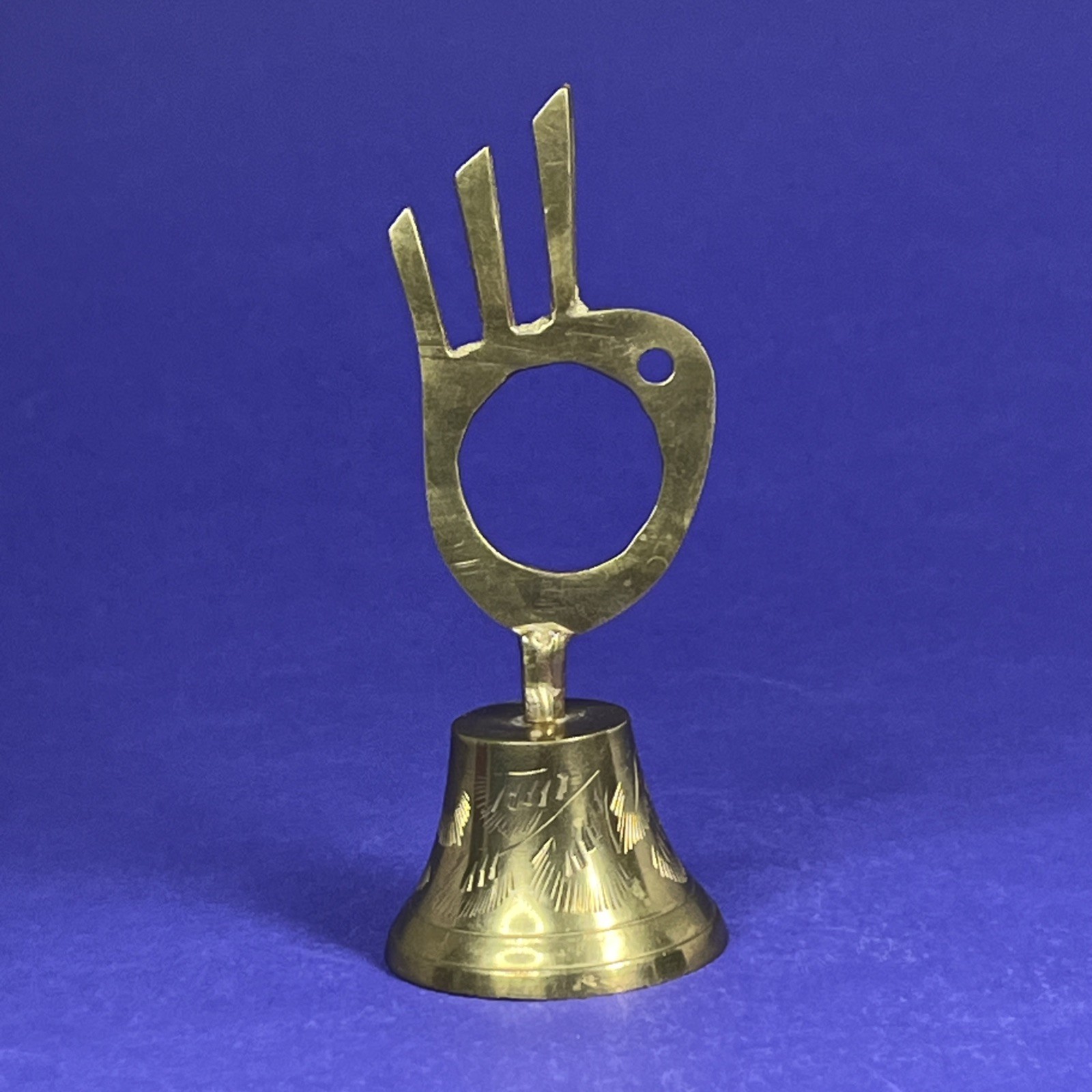 Brass Bell with OK Hand Gesture Handle 4.7 Inch Tall by Bells of Sarna India