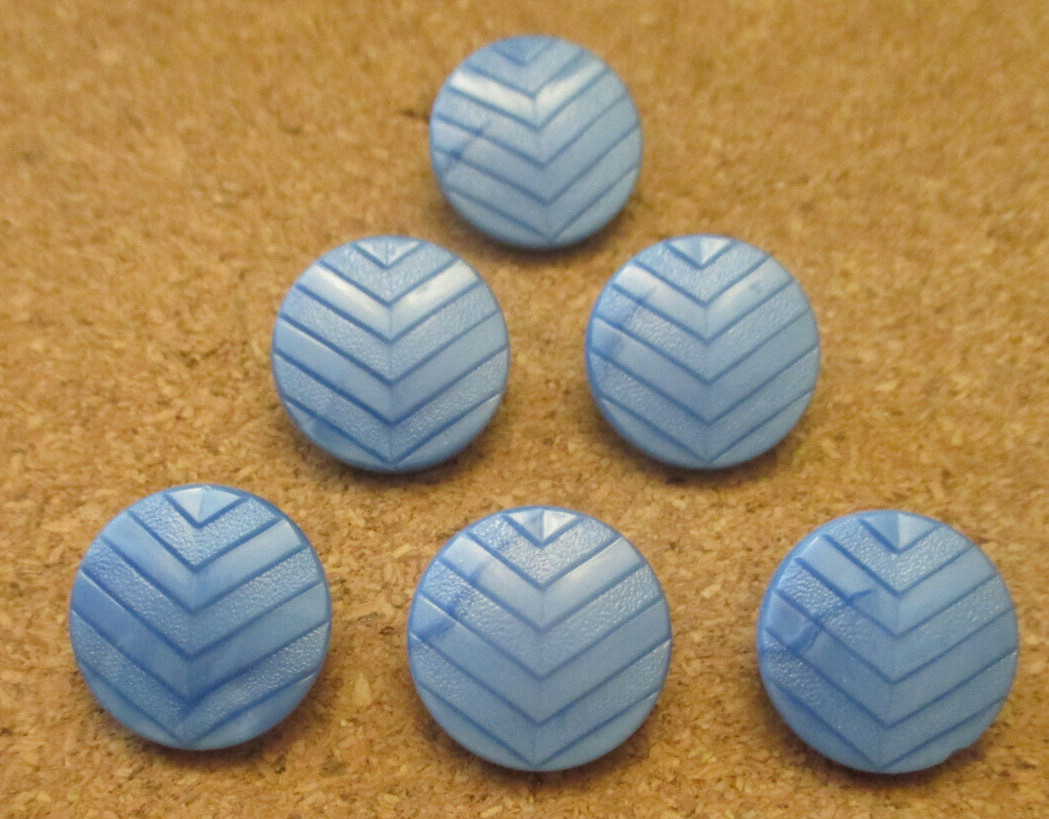 6 – Czech Glass Art Deco “V” Shape Design on Round Blue Buttons #67 – 16.95mm