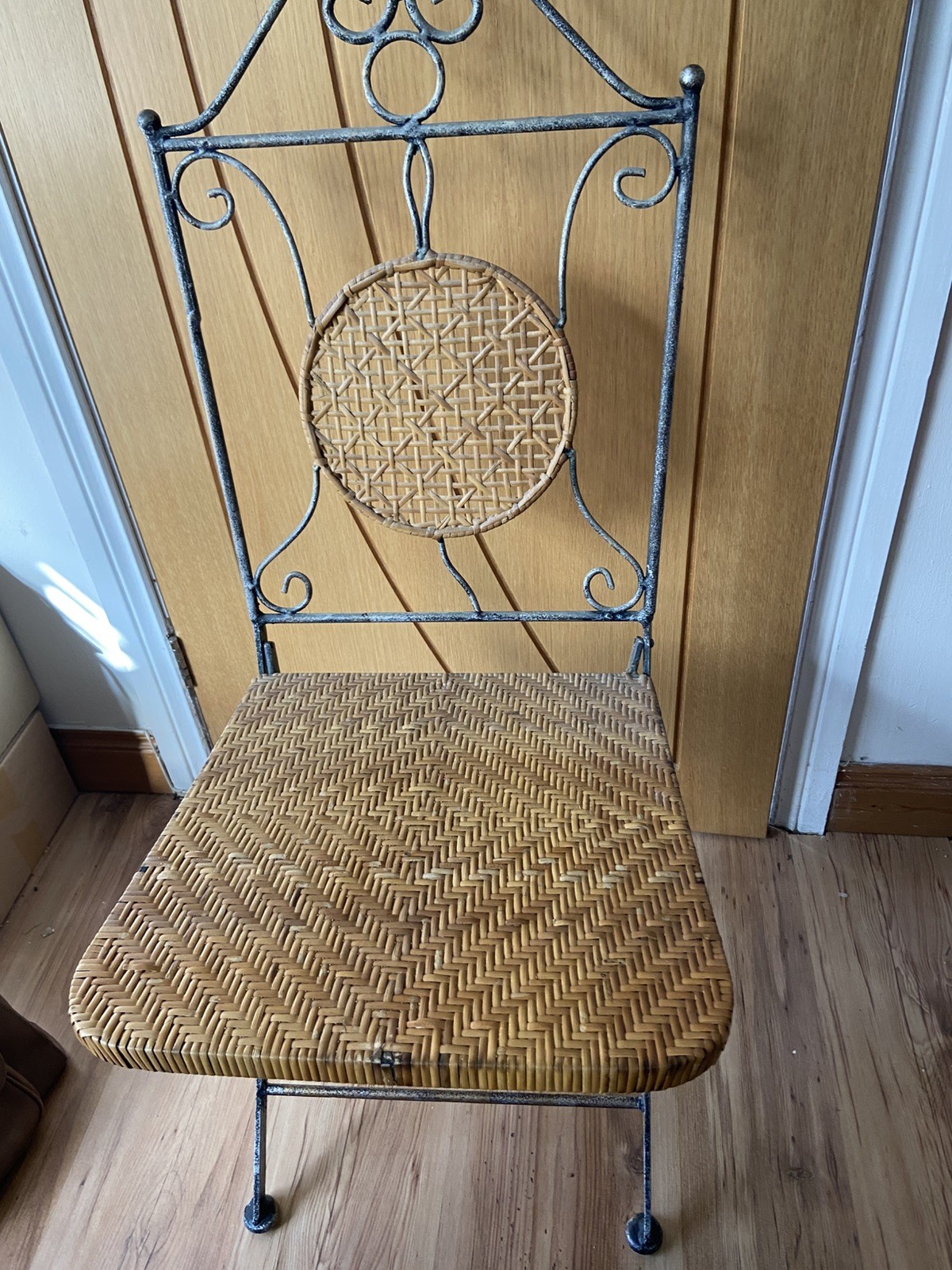 Unique Vintage Folding Chair Wrought Iron Metal Wicker rattan ornate scrollwork