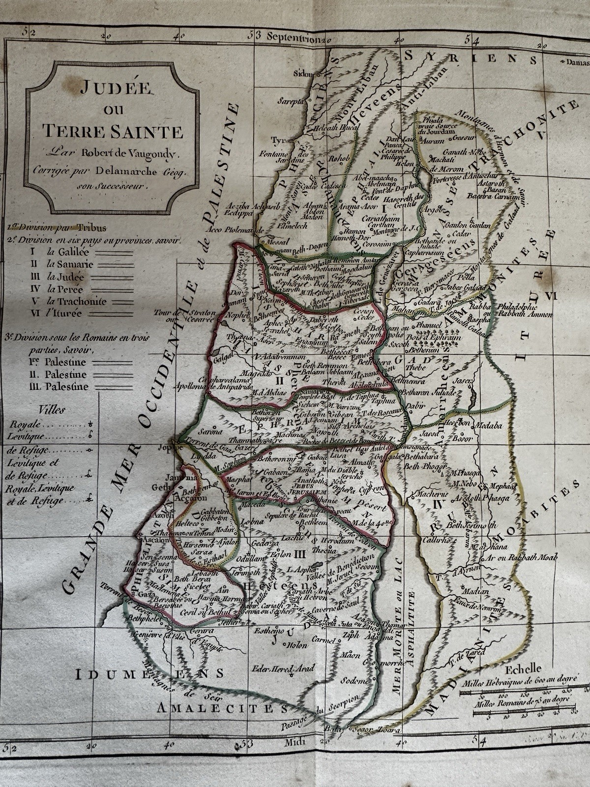 Holy Land Tribes Judea c.1790’s Vaugondy Delamarche engraved hand colored map