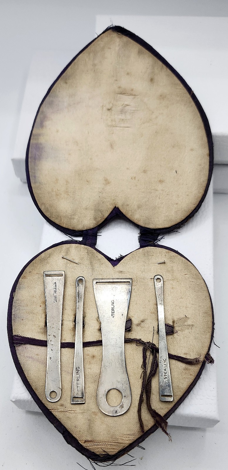 Antique Victorian 4 pc in Heart Case Sterling Silver Bodkin Ribbon Threader Set