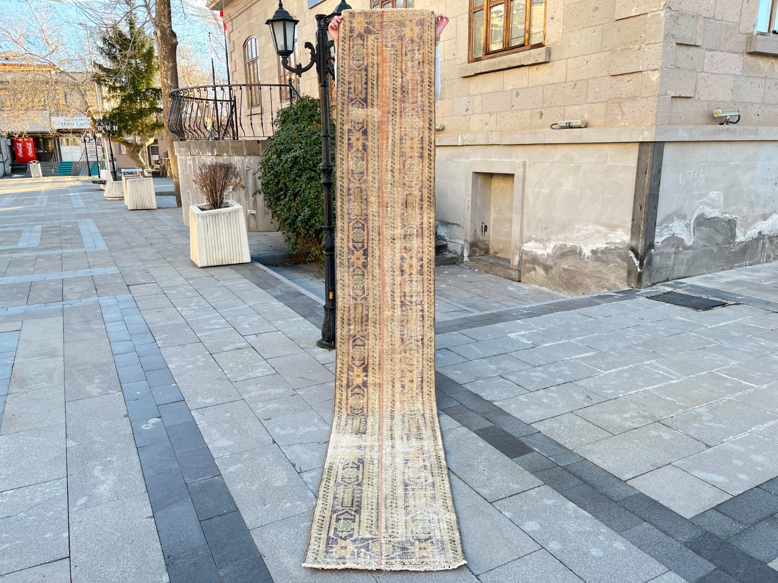 Vintage Turkish Oushak Runner Rug 1.8×11.4 ft Hand-Knotted Beige Indigo Wool