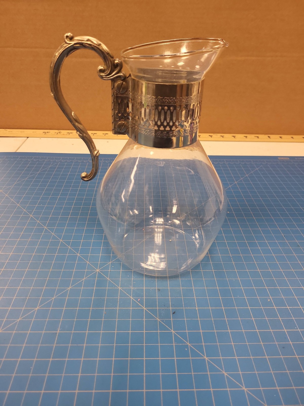 Vintage Glass Pitcher Silver Plated Handle Collar Carafe Decanter Water Juice